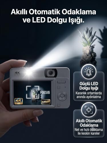 Vıvopack 4K Ultra HD Kayar Kapaklı Dijital Fotoğraf Makinesi; 64MP 16X Zoom Vlogging Kamerası, Otomatik Odaklama ve Webcam Modu, Ips Ekranlı Hediye Seti, Gümüş