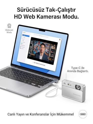 Vıvopack 4K Ultra HD Kayar Kapaklı Dijital Fotoğraf Makinesi; 64MP 16X Zoom Vlogging Kamerası, Otomatik Odaklama ve Webcam Modu, Ips Ekranlı Hediye Seti, Gümüş