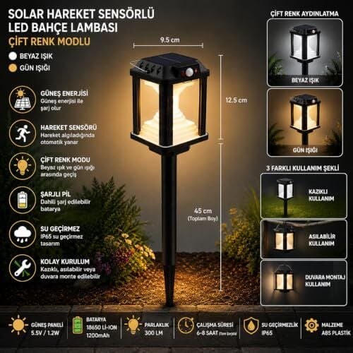55 CM Solar Bahçe Lambası, 3000K Sarı Gün Işığı Filament LED, Hareket Sensörlü, Su Geçirmez; Balkon, Dış Mekan, Çim, Yol, Peyzaj ve Patika Aydınlatması