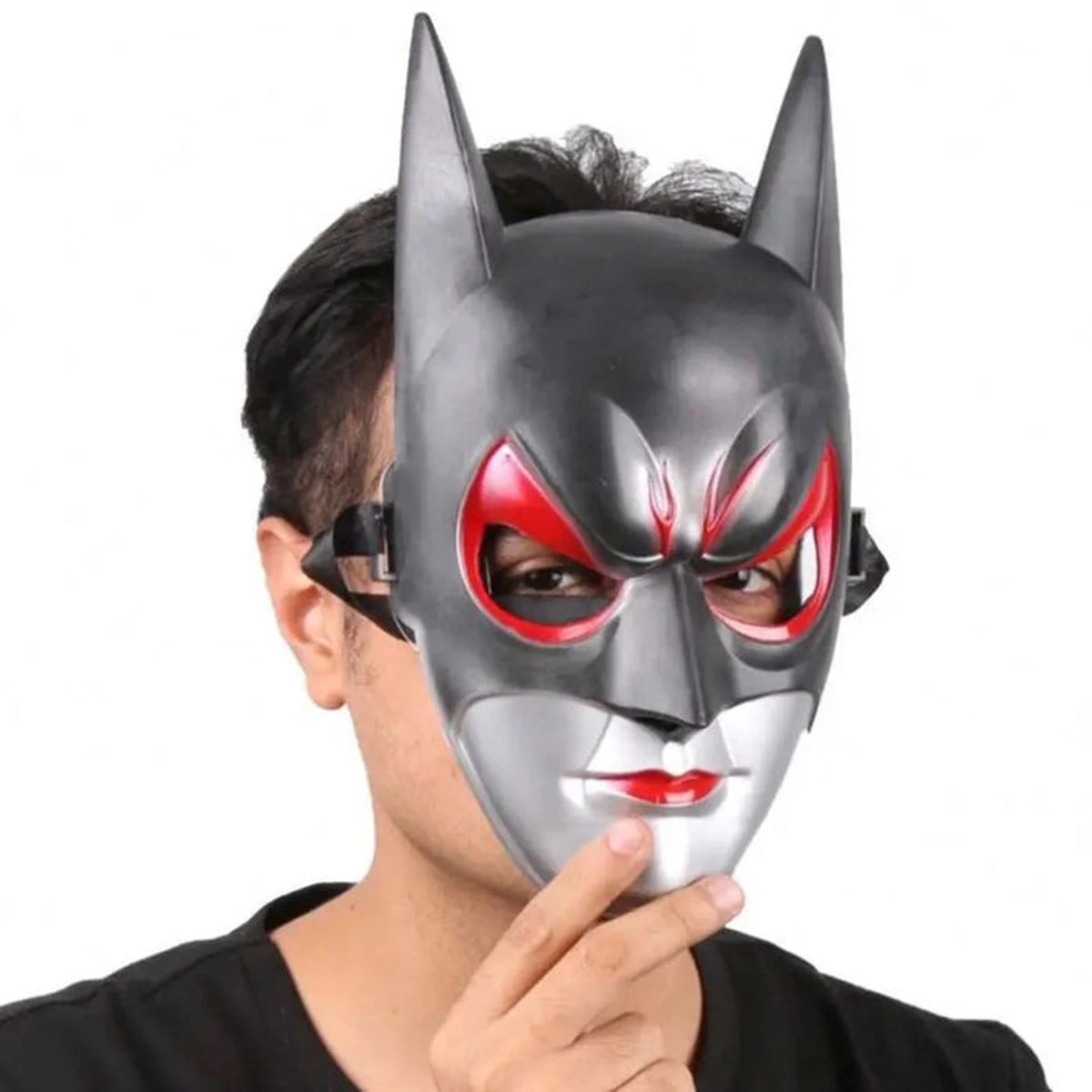 Kırmızı Gözlü Siyah Batman Maske - Lastikli Batgirl Maskesi 28x17 Cm