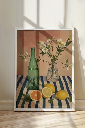 Zestia Beyaz Çerçeveli Tablo; Cam Şişeler, Çiçek ve Limon Detayı, Pastel Arka Plan Poster No: 107519 30 x 40