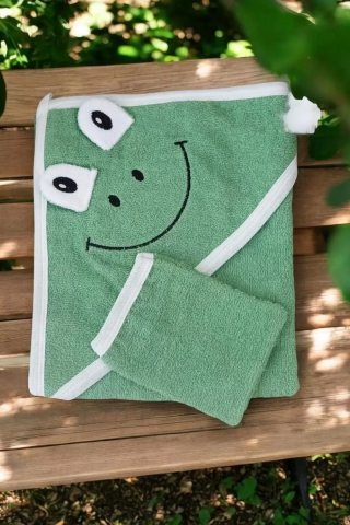 Kurbağa Nakışlı Unisex Şapka Ve Keseli Bebek Banyo Havlusu
