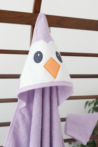 Penguen Nakışlı Unisex Şapka Ve Keseli Bebek Banyo Havlusu