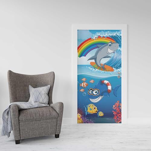 Köpek Balığı Gökkuşağı Desenli Kapı Giydirme Sticker Folyosu