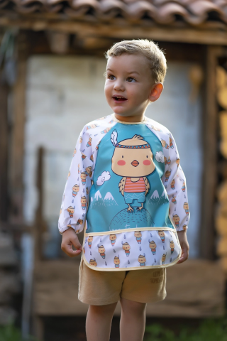 Civciv Desenli Sıvı Geçirmez Uzun Kollu Unisex Bebek Mama Ve Aktivite Önlüğü 6-24 Ay