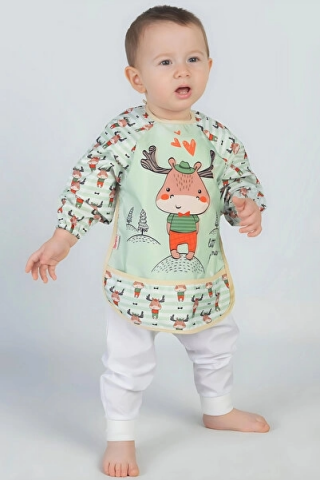 Geyik Desenli Sıvı Geçirmez Uzun Kollu Unisex Bebek Mama Ve Aktivite Önlüğü 6-24 Ay