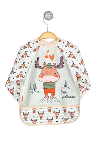 Geyik Desenli Sıvı Geçirmez Uzun Kollu Unisex Bebek Mama Ve Aktivite Önlüğü 6-24 Ay