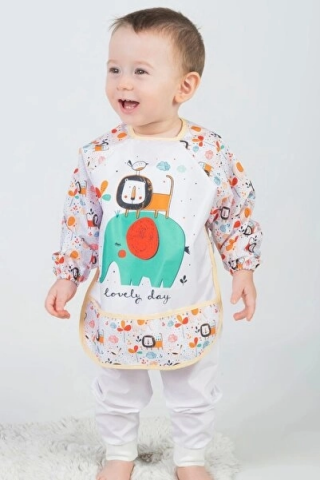 Safari Desenli Sıvı Geçirmez Unisex Uzun Kollu Aktivite Ve Mama Önlüğü 6-24 Ay