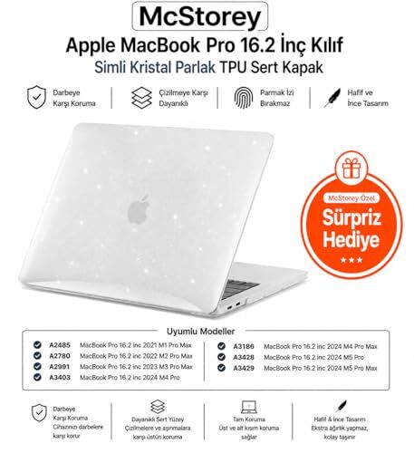 MacBook Pro 16.2 İnç Kılıf A2485 A2780 A2991 A3403 A3186 A3428 A3429 Uyumlu Simli Kristal Parlak Siyah Hard Case Şeffaf Sert Kapak İnce Koruyucu