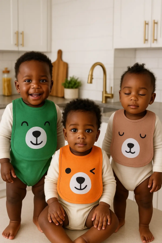 Bear Desenli 3'lü Sıvı Geçirmez Bebek Mama Önlüğü 0-18 Ay - Turuncu