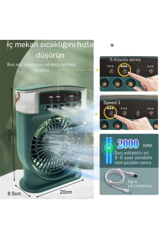 Şarjlı 600 Ml Su Hazneli Taşınabilir Masaüstü Vanilatör  Güçlü Fan Ve 2000 Mah Pil Yeşil