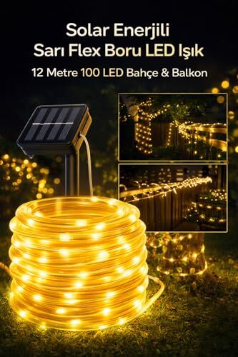 100 LED 12 Metre Solar Flex Boru Bahçe ve Balkon Işığı, Su Geçirmez