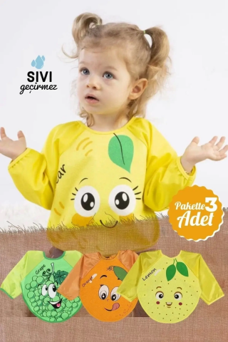 Meyve Desenli 3'lü Kollu Sıvı Geçirmez Mama Ve Aktivite Önlüğü