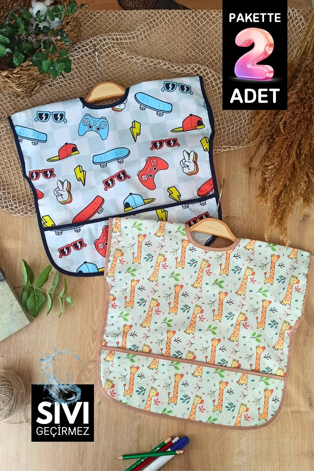 Play Forest Desenli Sıvı Geçirmez Kolsuz 6-24 Ay 2'li Aktivite Ve Mama Önlüğü