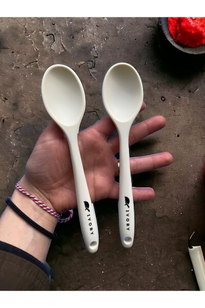 Sert Uçlu Isıya Dayanıklı Silikon Kısa Derin Kaşık, 20 cm, Bej, 2 Adet