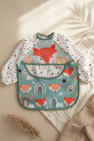 Foxie Dream Su Geçirmez Uzun Kollu Bebek Mama Önlüğü 6-24 Ay - Blw Uyumlu, Kırıntı Cepli, Tilki Ve Gökkuşağı Desenli Aktivite Önlüğü