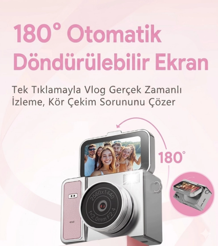 2k Mini Dijital Retro Video Kamera Flaşlı Dijital Vlog Mini Fotoğraf Makinesi Türkçe Menü Pembe