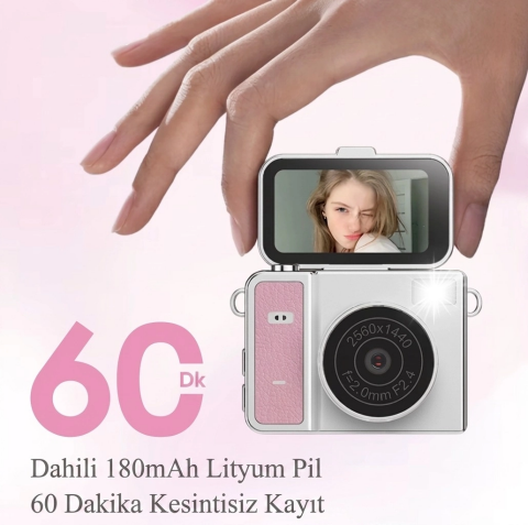 2k Mini Dijital Retro Video Kamera Flaşlı Dijital Vlog Mini Fotoğraf Makinesi Türkçe Menü Bej