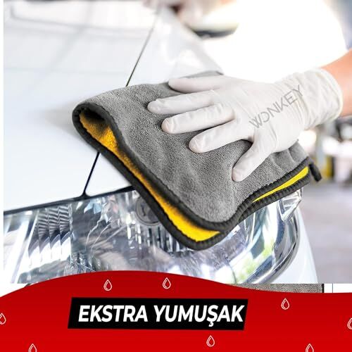 WONKEY 60x30 cm Sarı Gri Ultra Kalın Mikrofiber Oto Araba Yıkama Kurulama Havlusu, Orta Boy Çift Katlı Araç Kurutma ve Torpido Silme Bezi