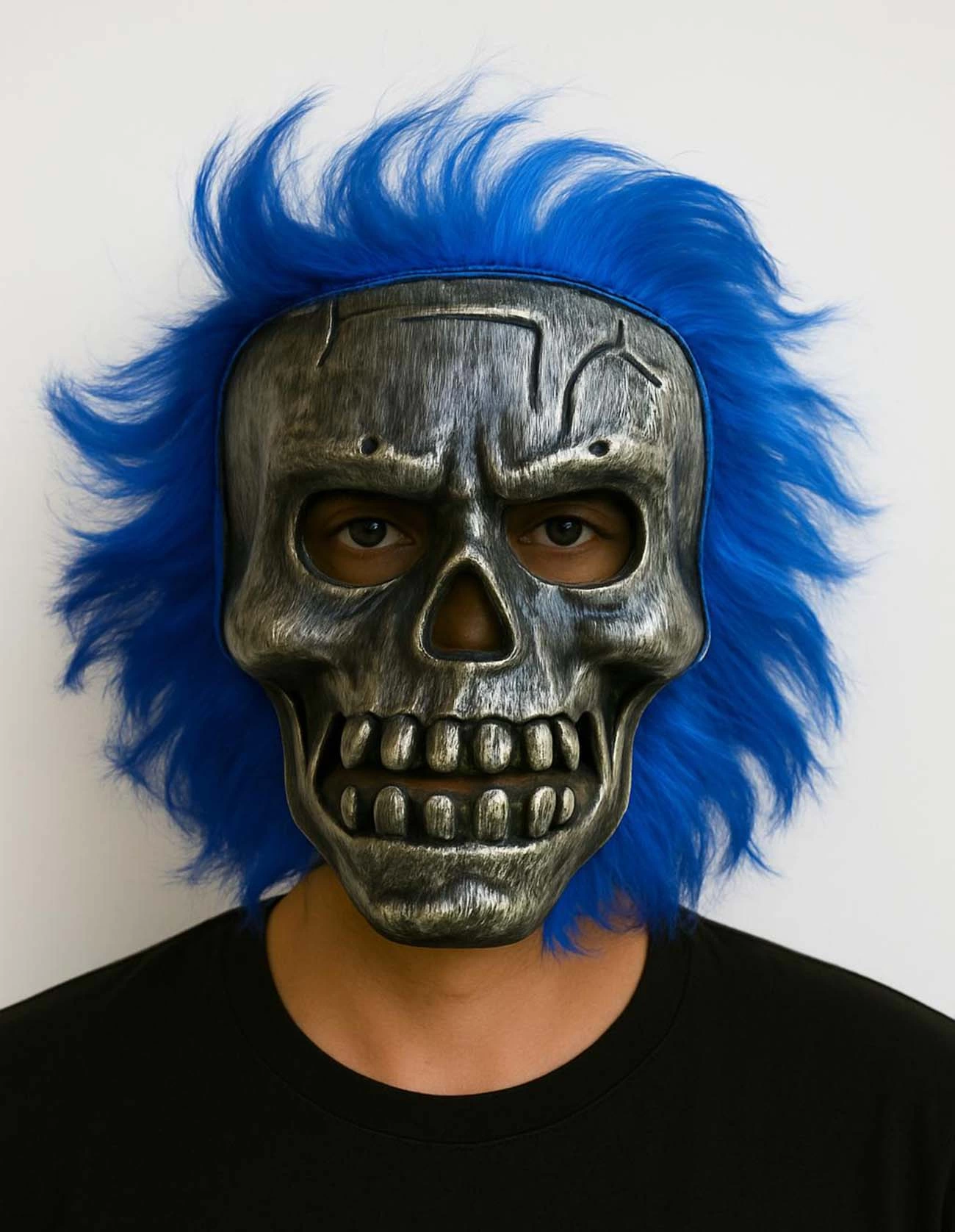 Wild Skull - Gümüş Kafatası Mavi Saçlı İskelet Maske