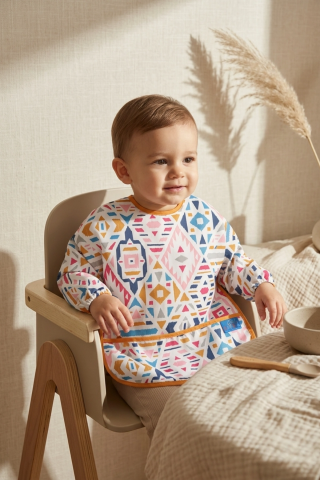 Boho Dream Etnik Desenli Sıvı Geçirmez Uzun Kollu Bebek Mama Önlüğü - Blw Uyumlu Kırıntı Cepli Mama Koruyucu 6-24 Ay
