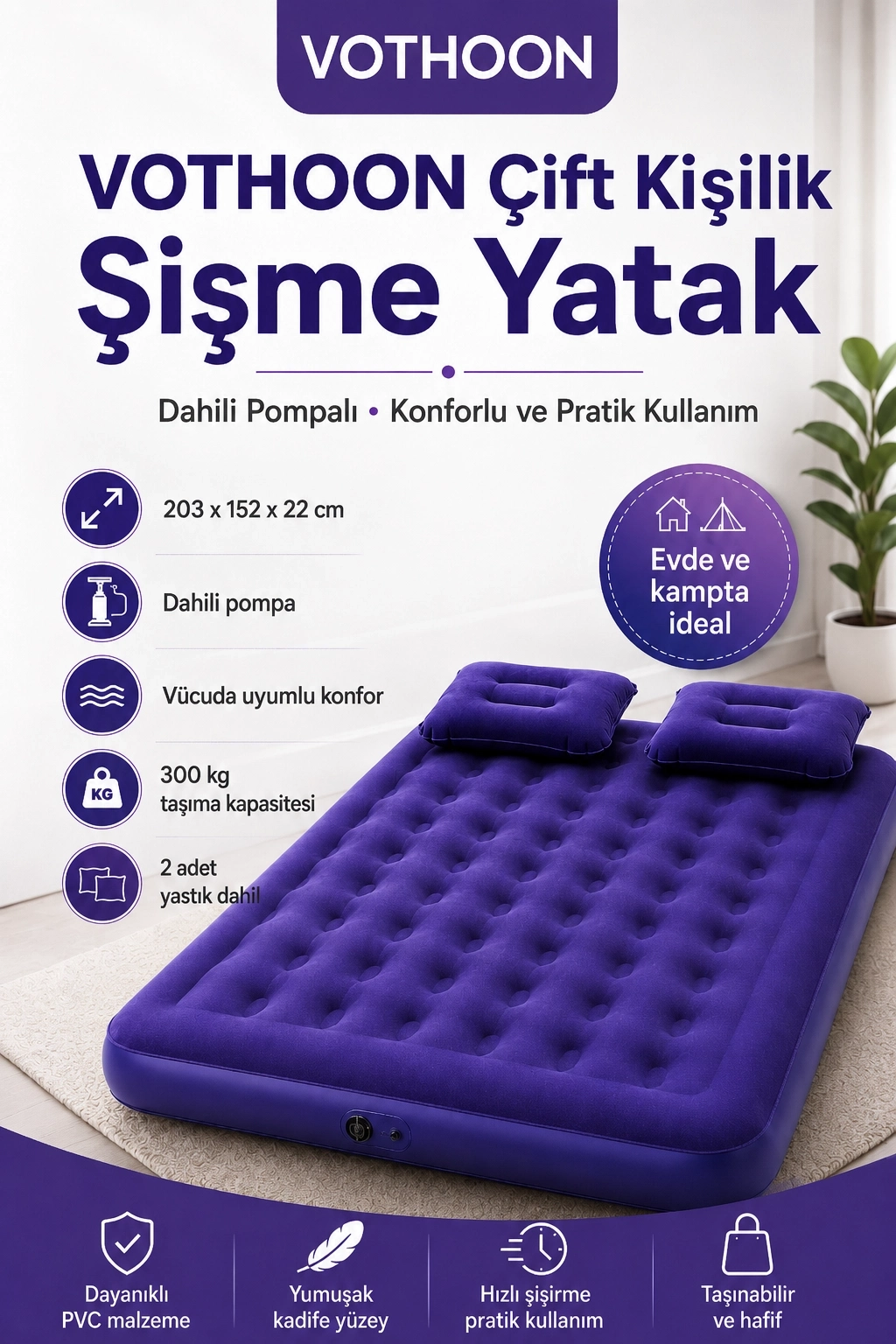 Çift Kişilik Şişme Yatak Dahili Pompalı 203x152x22 Cm 2 Yastıklı