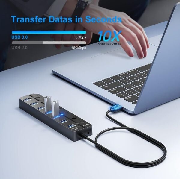 Çoklu Port USB 3.0 Hub Adaptörü, Anahtarlı ve Işıklı Çoklu Bağlantı Noktası Bölücü, USB Güç Adaptörü