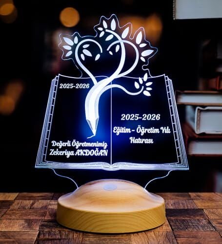 Öğretmenler Günü Hediyesi 3D LED Lamba, Mezuniyet Hatırası, İsimli Öğretmen Hediyesi, Kitap Tasarımlı Masa Lambası