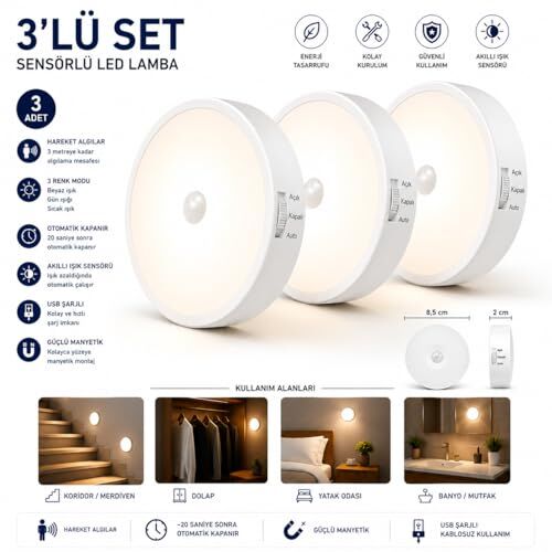 Sensörlü LED Lamba Seti, USB Şarjlı, Hareket Sensörlü, Manyetik Kablosuz, 3'lü Paket