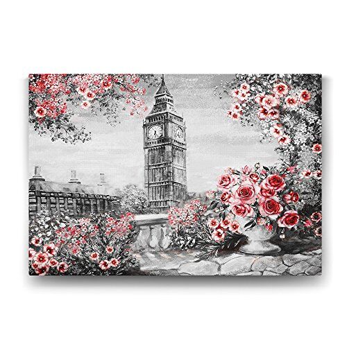 Saat Kulesi ve Kırmızı Çiçekler Tablosu - 60x40 cm