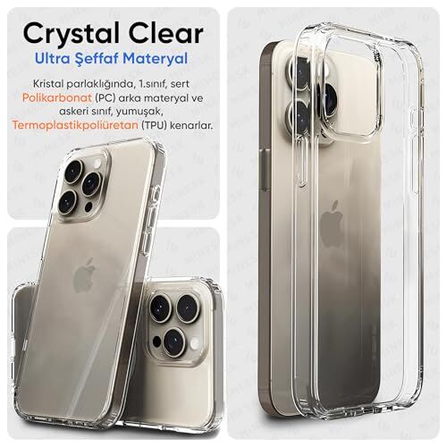 iPhone 15 Pro uyumlu ultra şeffaf silikon kılıf, sert polikarbonat arka ve yumuşak Tpu kenarlar
