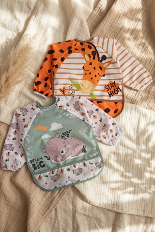 Bambini Su Geçirmez Uzun Kollu Mama Önlüğü 2'li Set - Leke Tutmaz, Cepli Ek Gıda Ve Aktivite Önlüğü (zürafa & Koala) 6-24 Ay