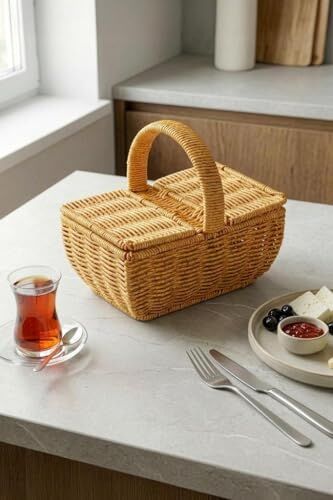 Dikdörtgen Hasır Rattan Mini Kulplu Organizer Sepet - BB6067