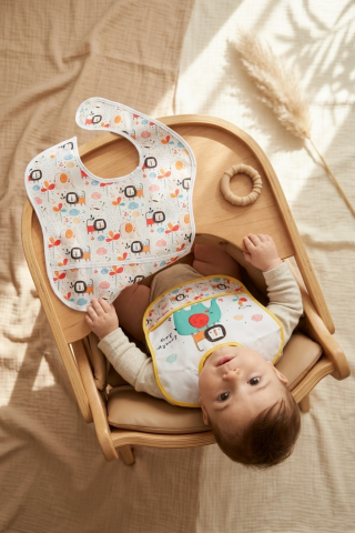 Safari Bliss 2'li Su Geçirmez Cepli Bebek Mama Önlüğü - Leke Tutmaz Silinebilir Safari Desenli Mama Önlüğü Seti 0-12 Ay