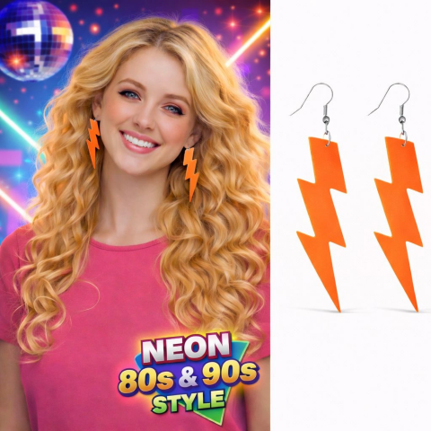 80’ler 9039lar Retro Neon Turuncu Şimşek Küpe 10 Cm