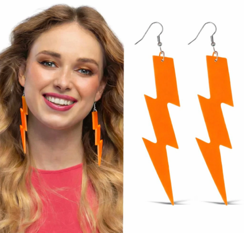 80’ler 9039lar Retro Neon Turuncu Şimşek Küpe 10 Cm