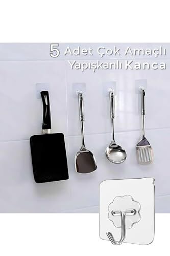 5 Adet Şeffaf Yapışkanlı Kancalı Duvar Askısı Paslanmaz Çelik Pvc MIT1196