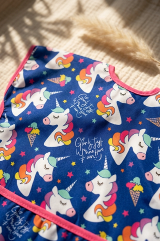 Unimagic Unicorn Desenli Sıvı Geçirmez Cepli Bebek Mama Önlüğü - Blw Uyumlu Leke Tutmaz Aktiviteli Bebek Önlüğü 6-24 Ay