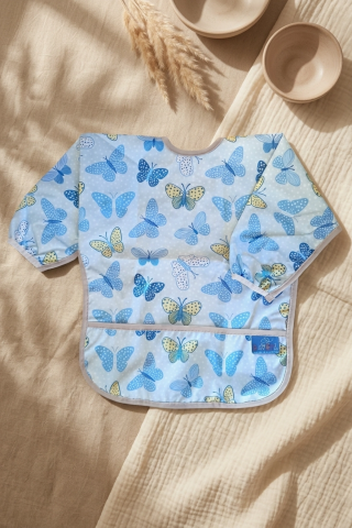 Aura Butterfly Mavi Kelebek Desenli Sıvı Geçirmez Uzun Kollu Bebek Mama Ve Etkinlik Önlüğü - Leke Tutmaz Blw Dostu 6-24 Ay