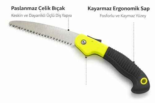 Katlanabilir Bahçe Budama Testeresi, Fosforlu Sarı Ergonomik Sap, Paslanmaz Çelik Bıçak, Ağaç Dalı ve Kamp için El Testeresi