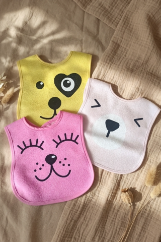Lumi 3'lü Paket Hayvan Figürlü Yumuşak Dokulu Bebek Mama Önlüğü Seti - %100 Pamuklu Ve Sıvı Emici 0-12 Ay