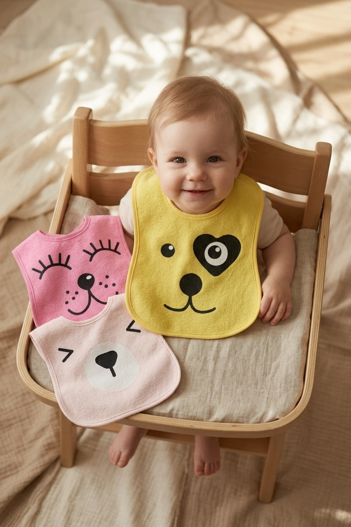Lumi 3'lü Paket Hayvan Figürlü Yumuşak Dokulu Bebek Mama Önlüğü Seti - %100 Pamuklu Ve Sıvı Emici 0-12 Ay