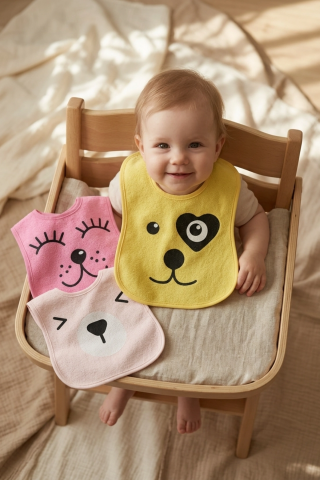 Lumi 3'lü Paket Hayvan Figürlü Yumuşak Dokulu Bebek Mama Önlüğü Seti - %100 Pamuklu Ve Sıvı Emici 0-12 Ay