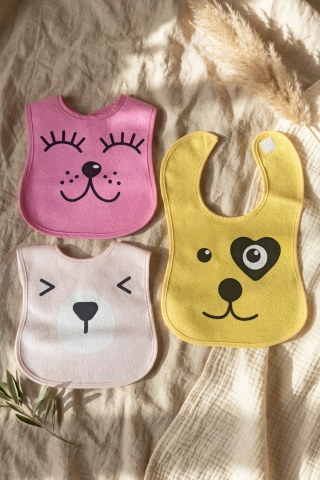 Lumi 3'lü Paket Hayvan Figürlü Yumuşak Dokulu Bebek Mama Önlüğü Seti - %100 Pamuklu Ve Sıvı Emici 0-12 Ay
