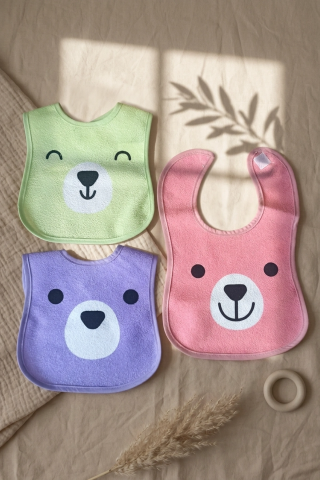 Teddy Bloom 3'lü Paket Ayıcık Figürlü Yumuşak Havlu Bebek Mama Önlüğü Seti - Sıvı Emici Ve Cilt Dostu 0-12 Ay