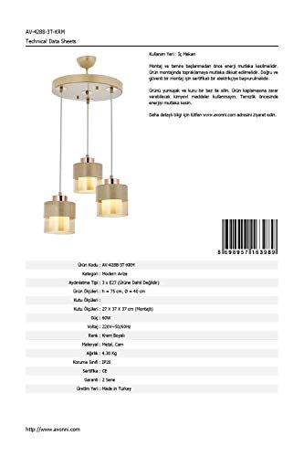 AV-60193-3T-Krm Krem Boyalı Modern Avize, E27, Metal Cam, 40 cm