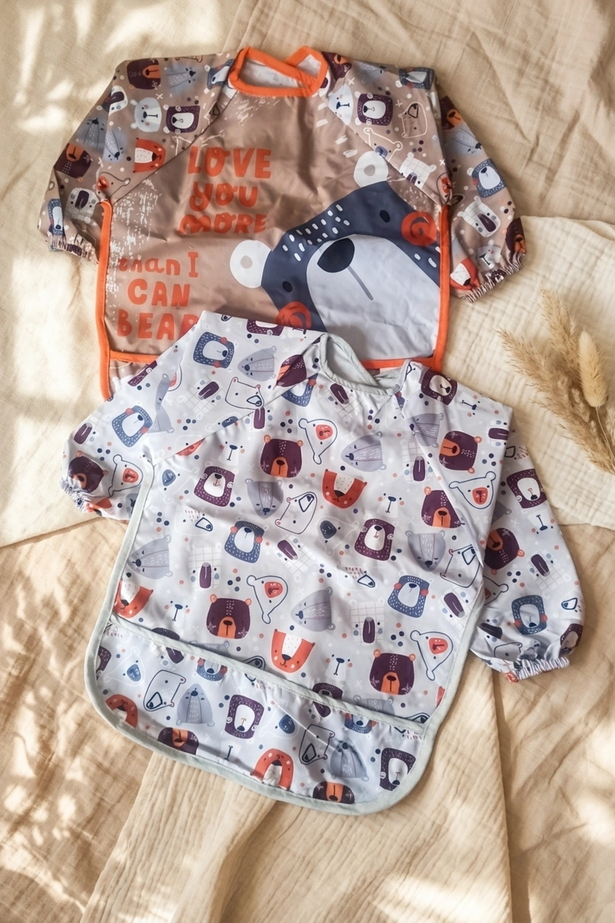 Bubu Bear 2'li Set Uzun Kollu Su Geçirmez Bebek Mama Önlüğü - Ayıcık Desenli Leke Tutmaz Blw Ve Aktivite Önlüğü 6-24 Ay