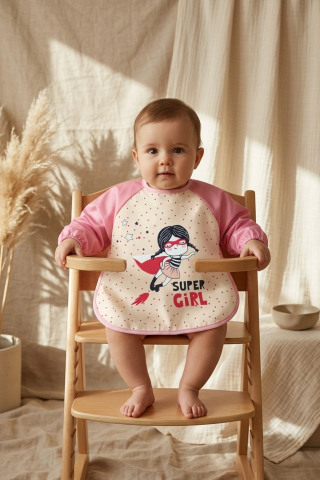 Super Girl Desenli Sıvı Geçirmez Uzun Kollu Bebek Mama Ve Aktivite Önlüğü - Pembe Puantiyeli Blw Uyumlu 6-18 Ay