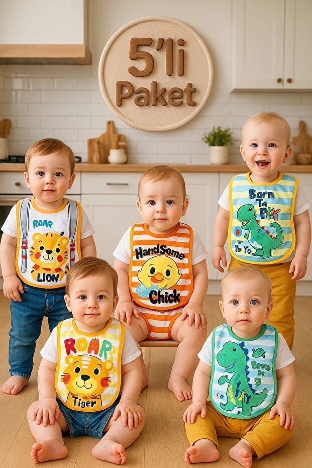 Little Explorer 5'li Bebek Önlük Seti - Sıvı Geçirmez, Pamuklu, Hayvan Figürlü Eğlenceli Mama Önlüğü 0-12 Ay