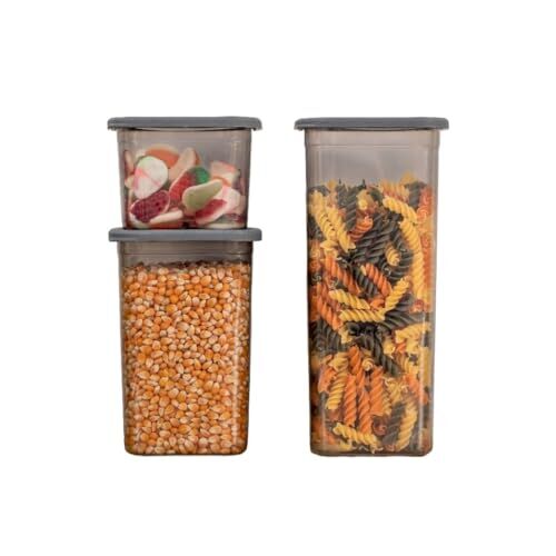 3'lü Set Sızdırmaz Kapaklı Kare Erzak Saklama Kabı, 650 Ml - 1300 Ml - 1900 Ml, Antrasit